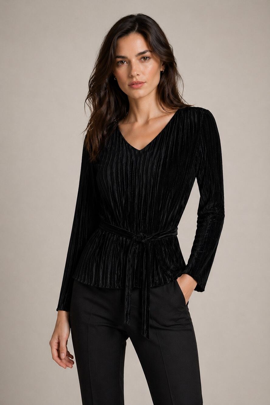 Armani Jeans Black Pleated Velvet Tie Waist Top – Size 42 (US M) NWT